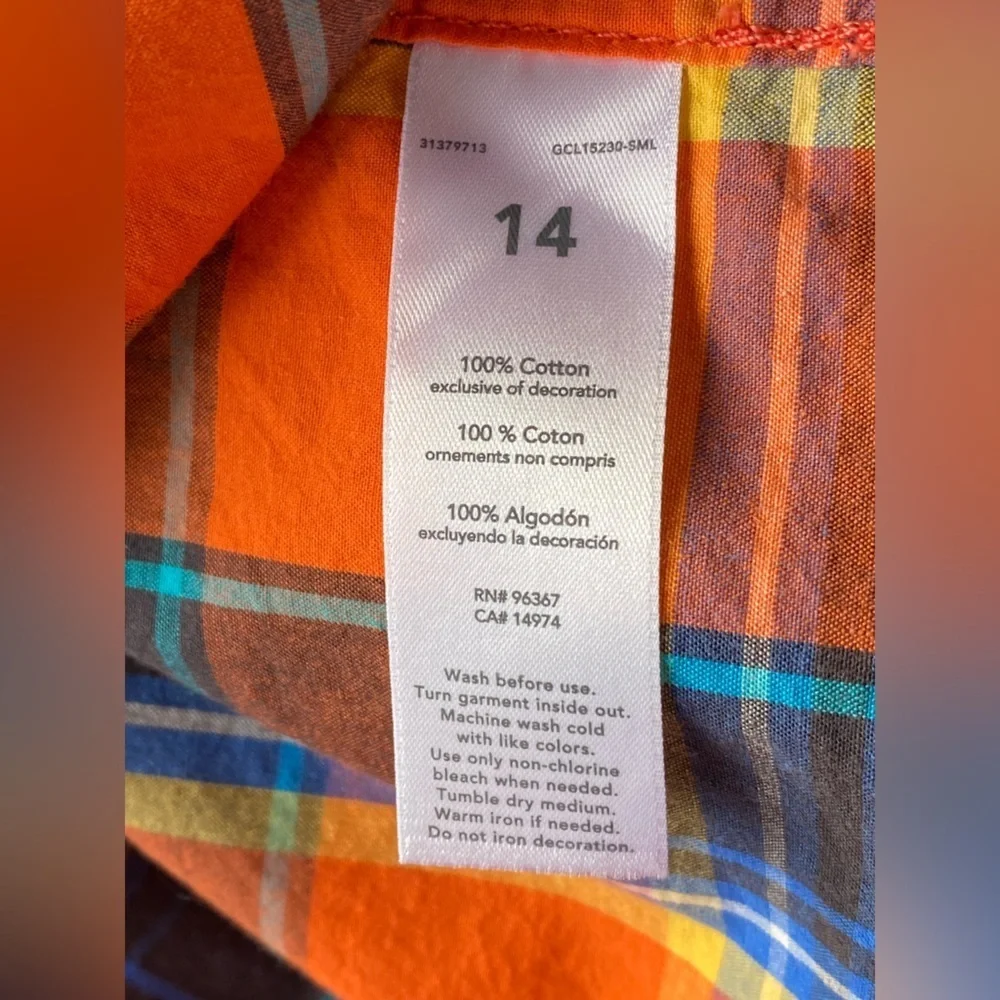 OshKosh B'Gosh Boys' Orange Blue Plaid Woven Buttonfront Cotton Shirt Size 14